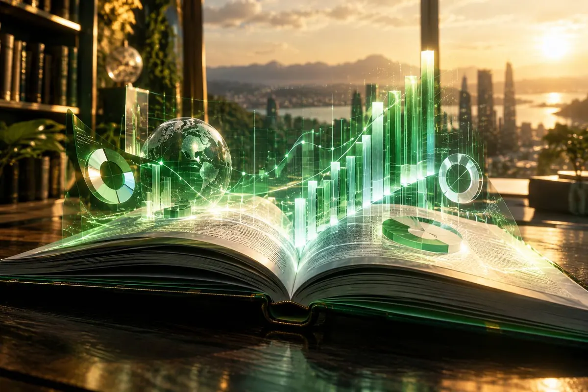Buku terbuka dengan grafik hologram hijau yang muncul dari halamannya