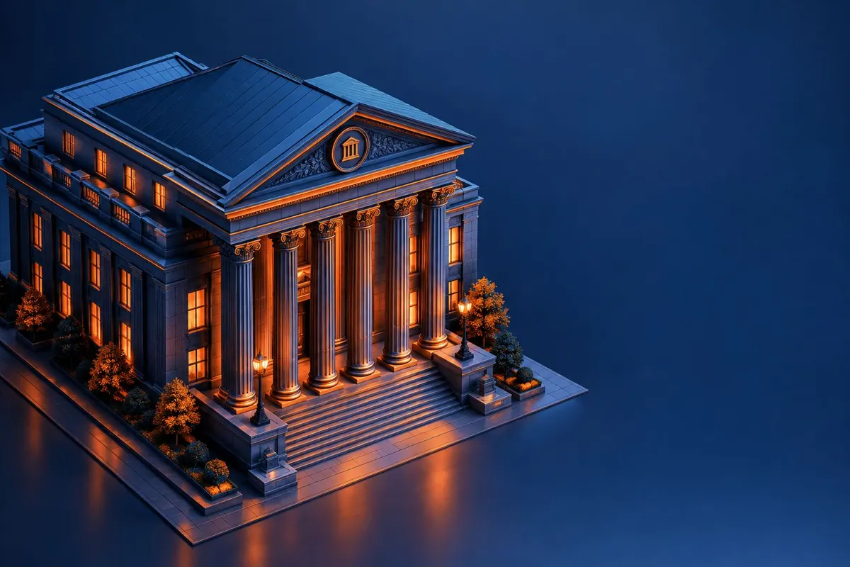 Ilustrasi isometrik gedung bank berpilar di atas latar biru gelap