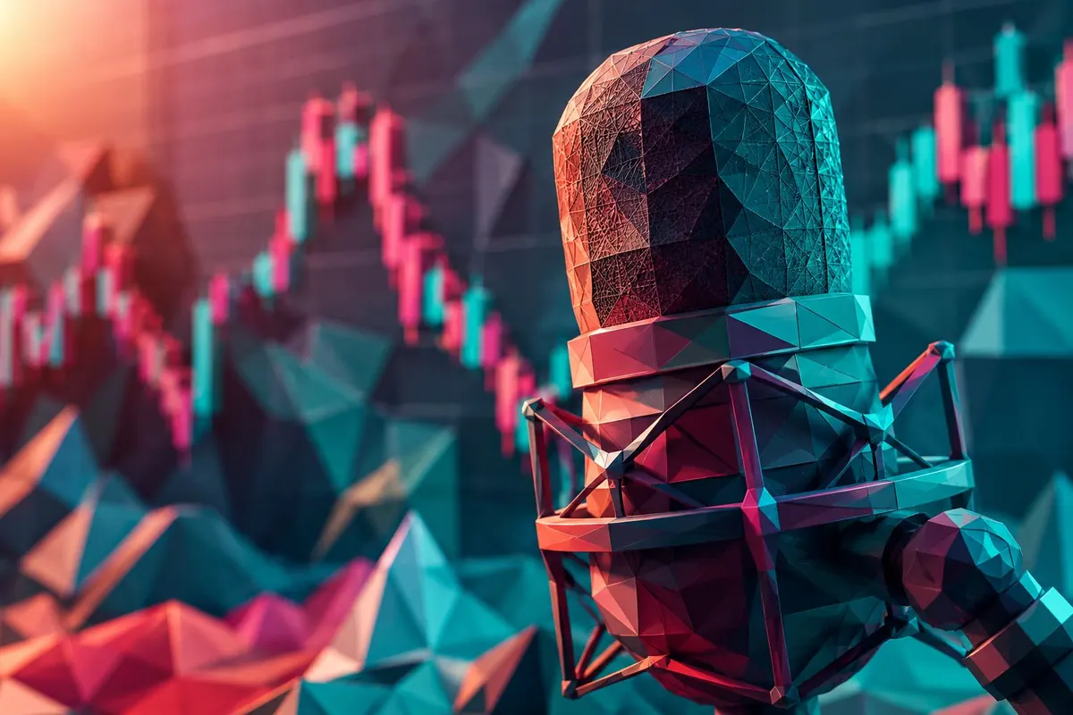 Mikrofon bergaya low-poly di depan latar grafik keuangan, simbol kerja redaksi