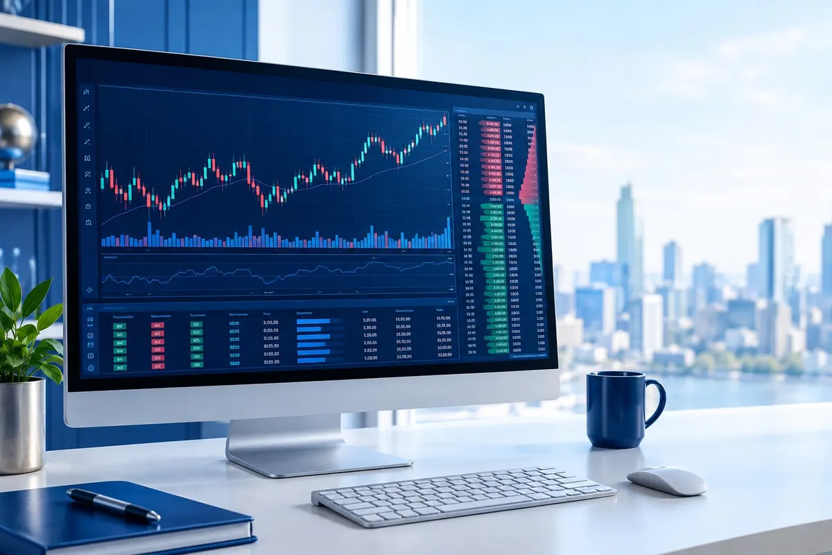 Monitor desktop menampilkan dasbor platform perdagangan saham di meja kerja yang rapi