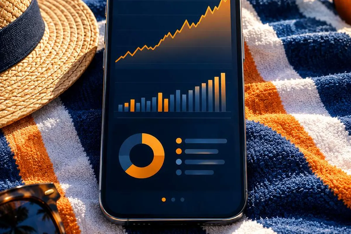 Ponsel di atas handuk bergaris menampilkan grafik portofolio investasi