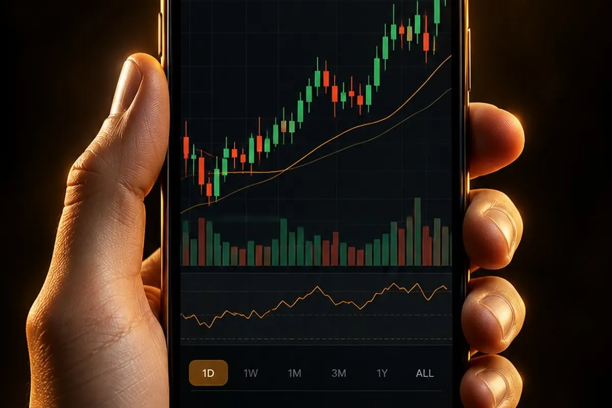 Tangan memegang ponsel yang menampilkan aplikasi perdagangan saham dengan grafik lilin