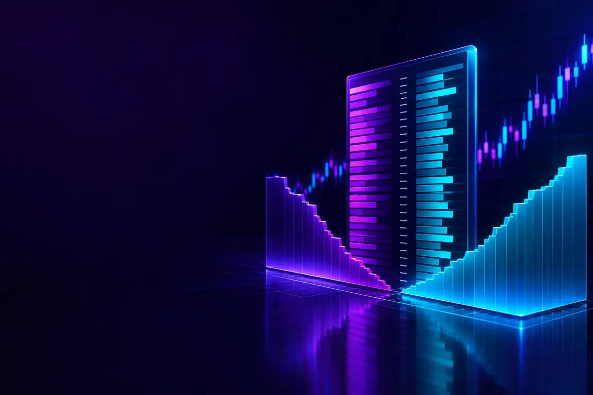 Visualisasi tiga dimensi antrean order dan grafik kedalaman pasar berwarna ungu dan biru